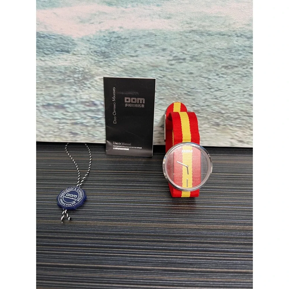 🎁DOM Minimalist Transparent Dial Watch Red Yellow Striped Nylon Strap